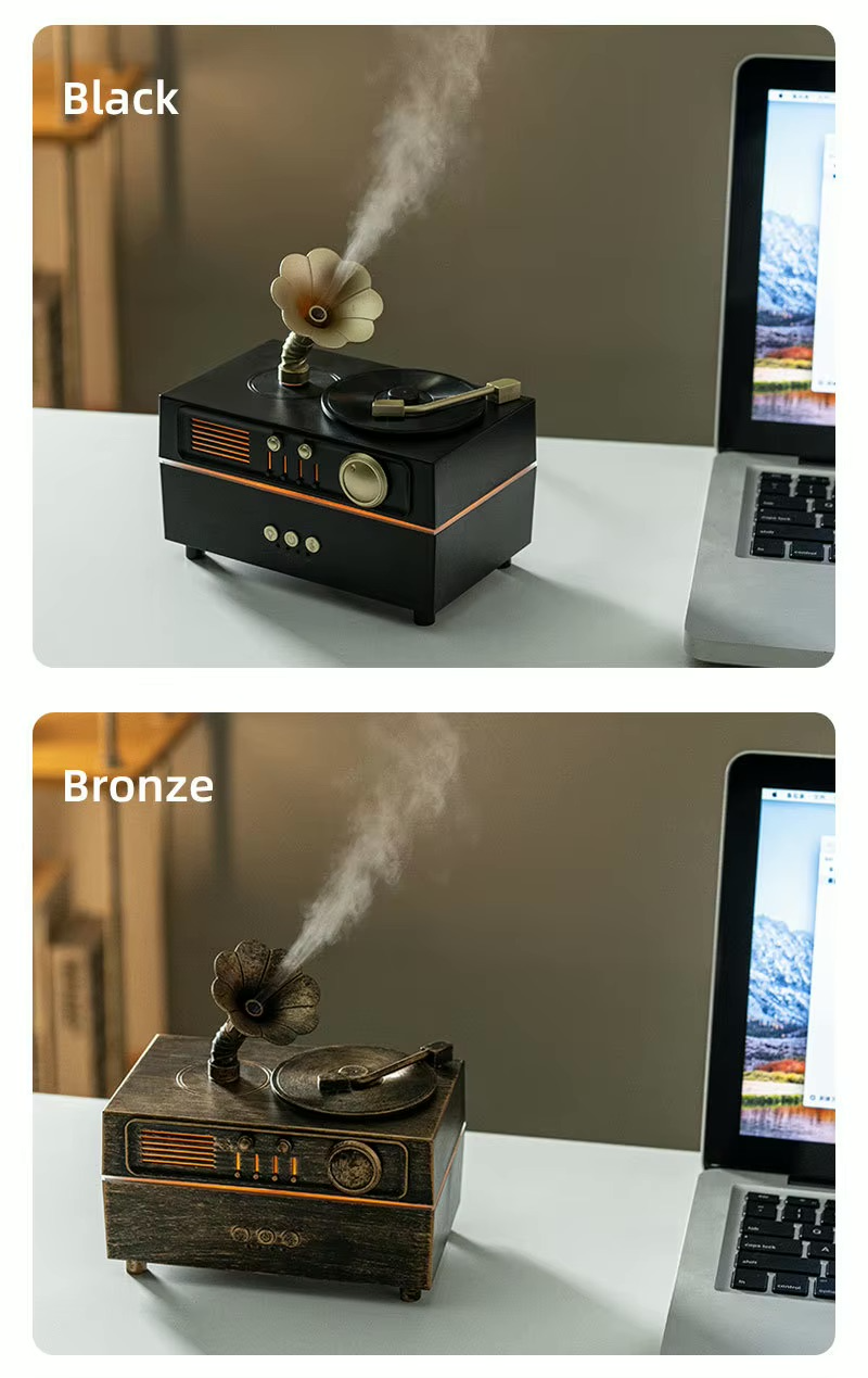 3-in-1 Retro Gramophone Humidifier & Bluetooth Speaker – Vintage Phonograph Essential Oil Diffuser with USB Power & Aromatherapy for Home Office (160ML)
